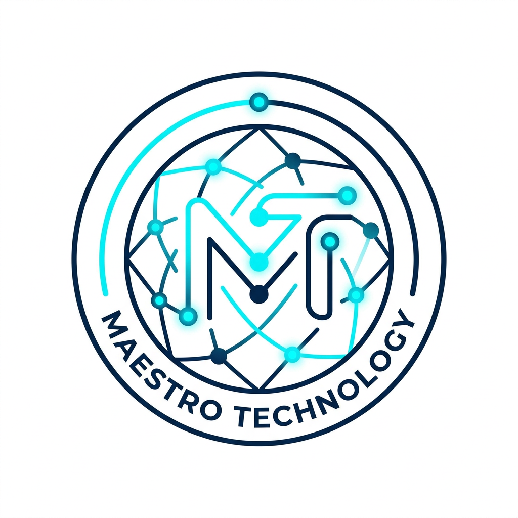 AI Design for A sleek, professional logo for Maestro Technology, featuring minimalist abstract representations of IoT connectivity and digital nodes. The design is cleanly enclosed within a perfect circle, using a sophisticated color palette of deep navy and electric cyan. The aesthetic is modern, high-tech, and balanced, set against a clean white background to emphasize the precision of the vector lines.