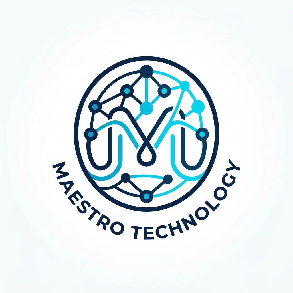AI Design for A sleek, professional logo for Maestro Technology, featuring minimalist abstract representations of IoT connectivity and digital nodes. The design is cleanly enclosed within a perfect circle, using a sophisticated color palette of deep navy and electric cyan. The aesthetic is modern, high-tech, and balanced, set against a clean white background to emphasize the precision of the vector lines.