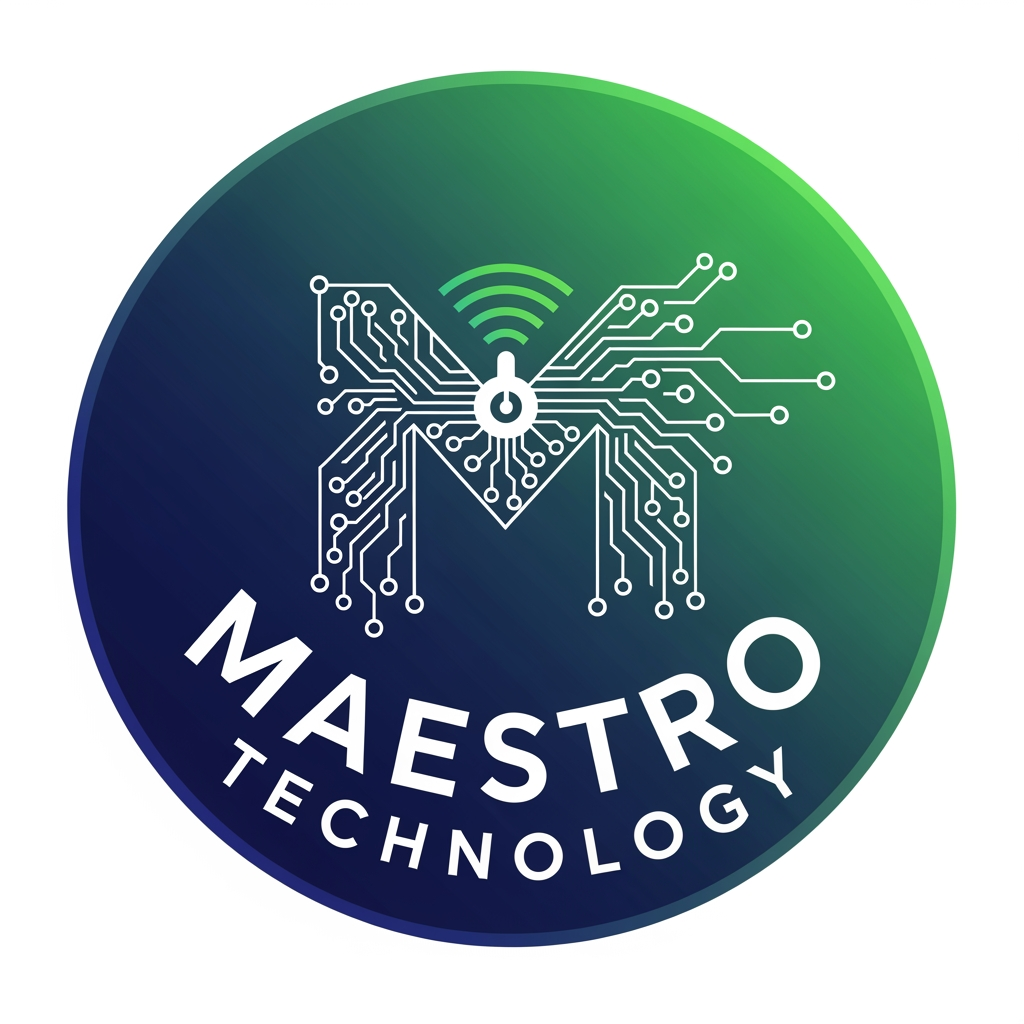 AI Design for create a logo for maestro technology which is based on technology and iot and design them inside a circle