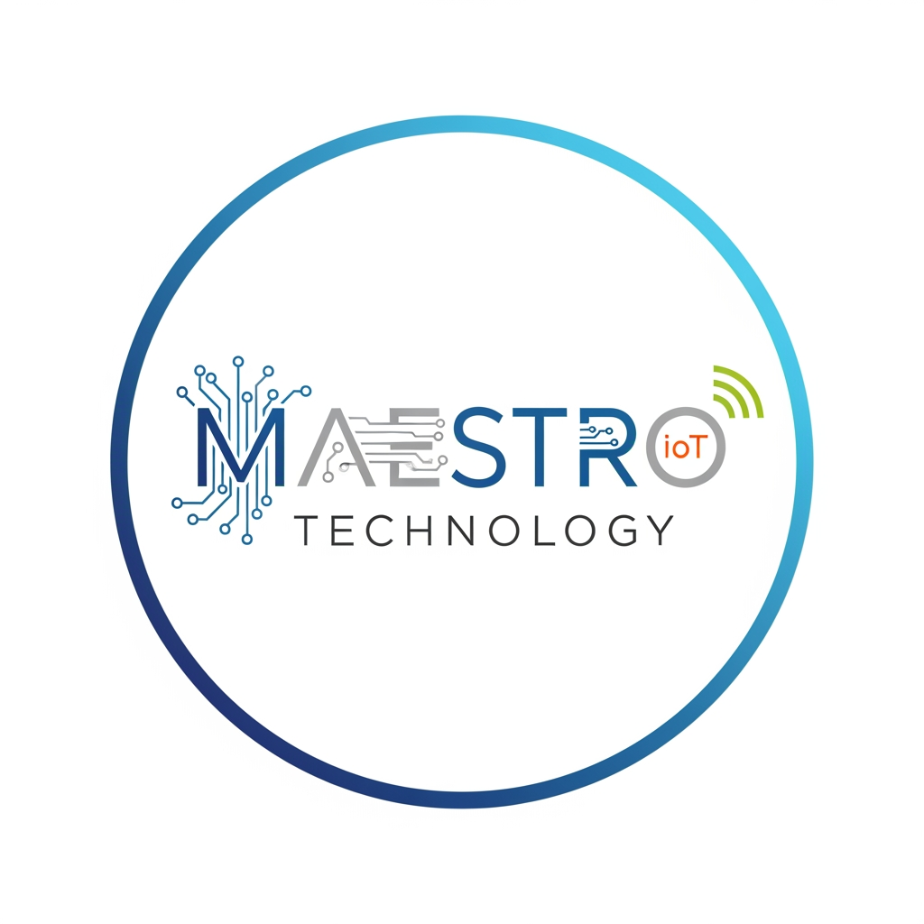 AI Design for create a logo for maestro technology which is based on technology and iot and design them inside a circle