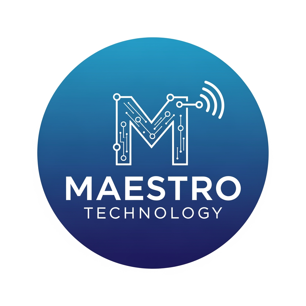 AI Design for create a logo for maestro technology which is based on technology and iot and design them inside a circle