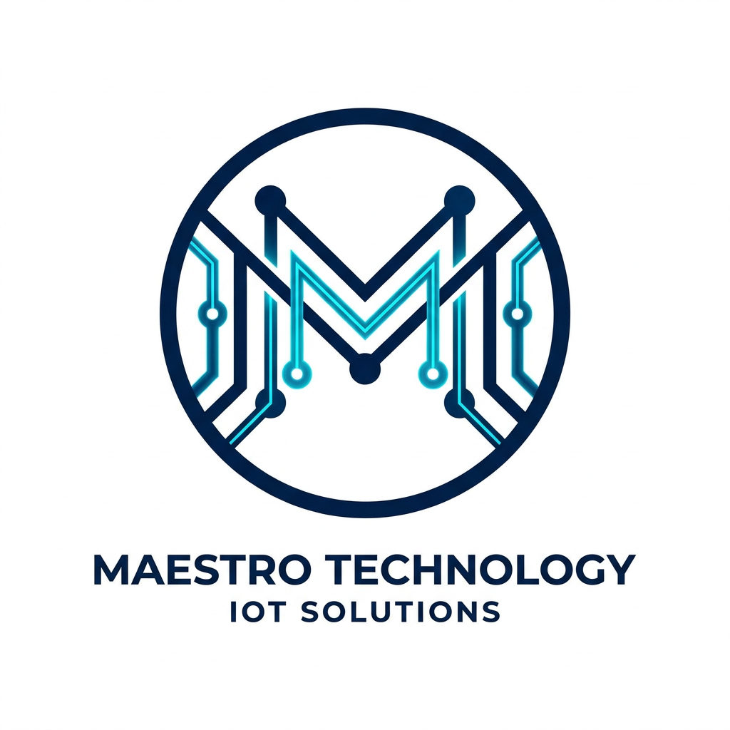 AI Design for A minimalist professional logo for Maestro Technology, featuring abstract geometric nodes and interconnected lines representing IoT connectivity. The design is perfectly centered within a clean circular frame, utilizing a sophisticated color palette of deep navy and electric cyan. High-contrast vector style with sharp, precise lines set against a stark white background for a modern, high-tech aesthetic.