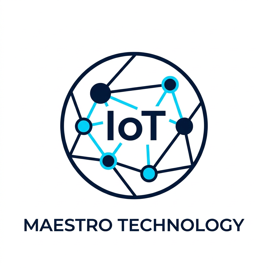 AI Design for A minimalist professional logo for Maestro Technology, featuring abstract geometric nodes and interconnected lines representing IoT connectivity. The design is perfectly centered within a clean circular frame, utilizing a sophisticated color palette of deep navy and electric cyan. High-contrast vector style with sharp, precise lines set against a stark white background for a modern, high-tech aesthetic.