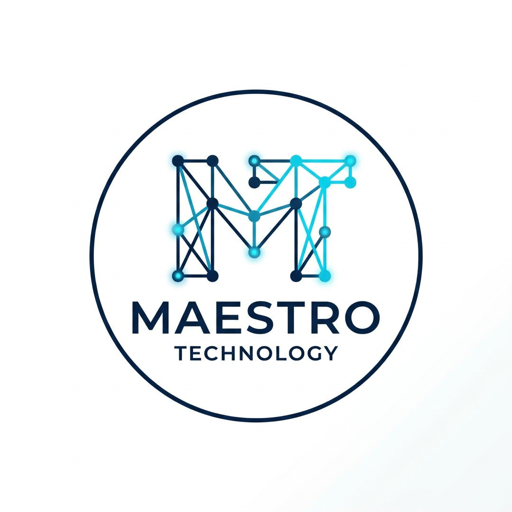 AI Design for A sleek, professional logo for Maestro Technology, featuring minimalist abstract representations of IoT connectivity and digital nodes. The design is cleanly enclosed within a perfect circle, using a sophisticated color palette of deep navy and electric cyan. The aesthetic is modern, high-tech, and balanced, set against a clean white background to emphasize the precision of the vector lines.