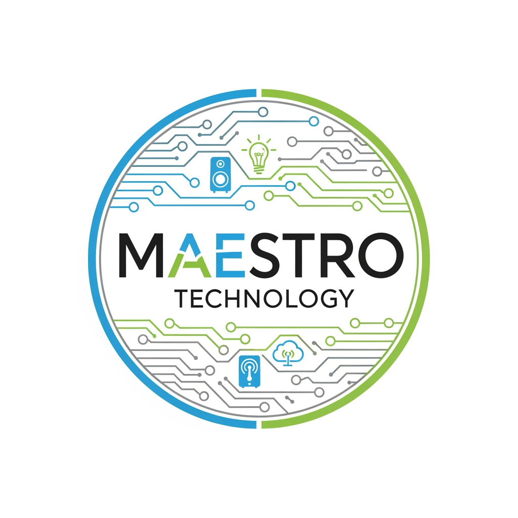 AI Design for create a logo for maestro technology which is based on technology and iot and design them inside a circle