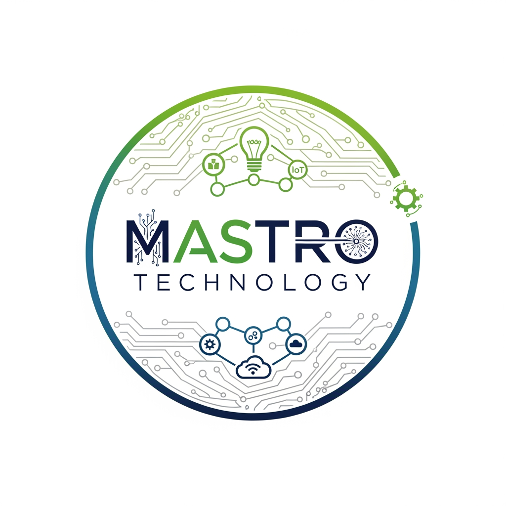 AI Design for create a logo for mastro technology which is based on technology and iot and design them inside a circle
