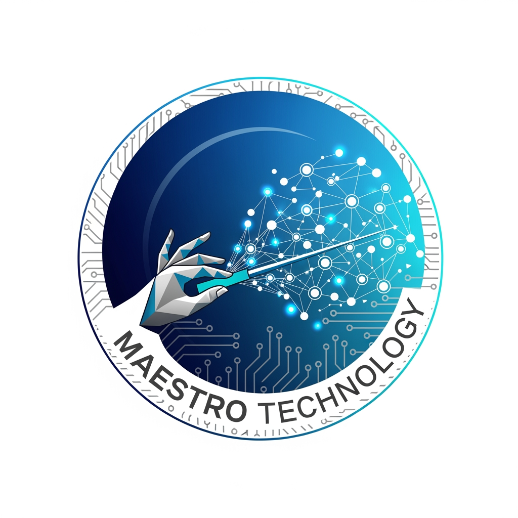 AI Design for create a logo for maestro technology which is based on technology and iot and design them inside a circle