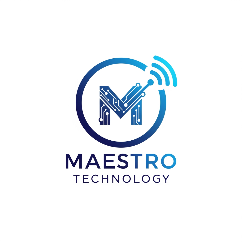 AI Design for create a logo for maestro technology which is based on technology and iot and design them inside a circle