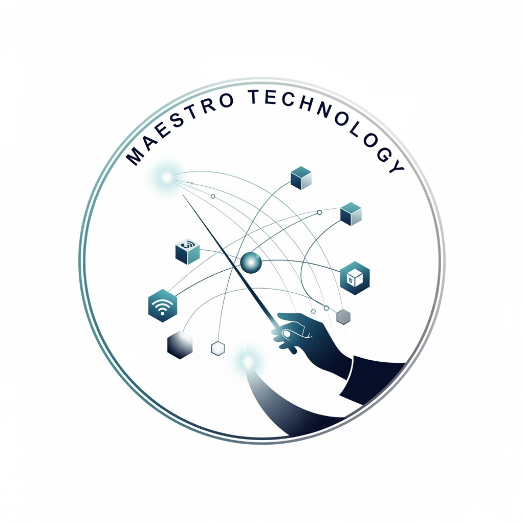 AI Design for create a logo for maestro technology which is based on technology and iot and design them inside a circle