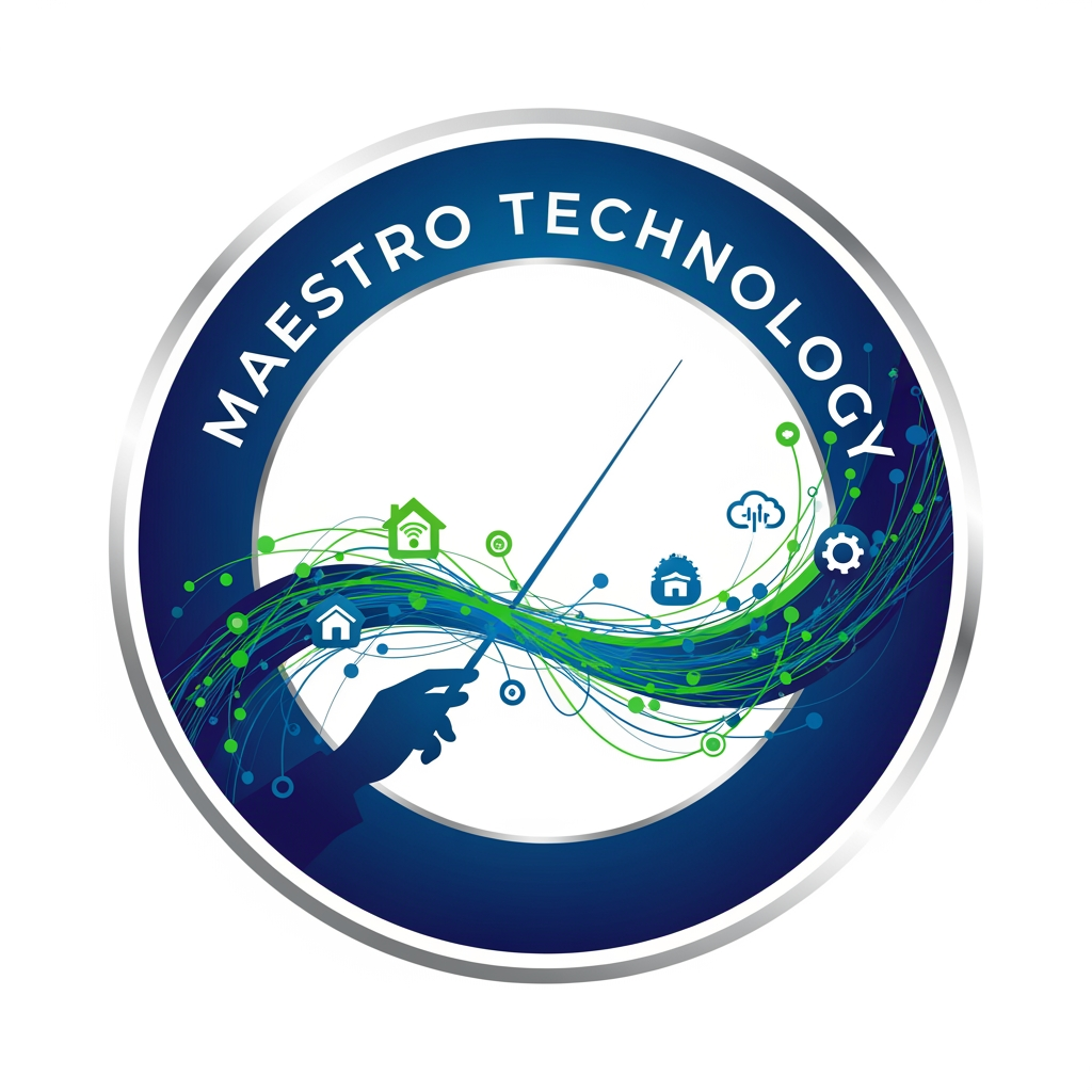 AI Design for create a logo for maestro technology which is based on technology and iot and design them inside a circle