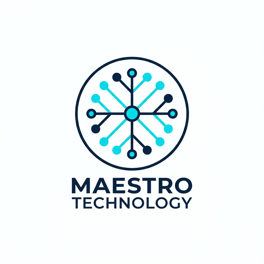 AI Design for A sleek, professional logo for Maestro Technology, featuring minimalist abstract representations of IoT connectivity and digital nodes. The design is cleanly enclosed within a perfect circle, using a sophisticated color palette of deep navy and electric cyan. The aesthetic is modern, high-tech, and balanced, set against a clean white background to emphasize the precision of the vector lines.