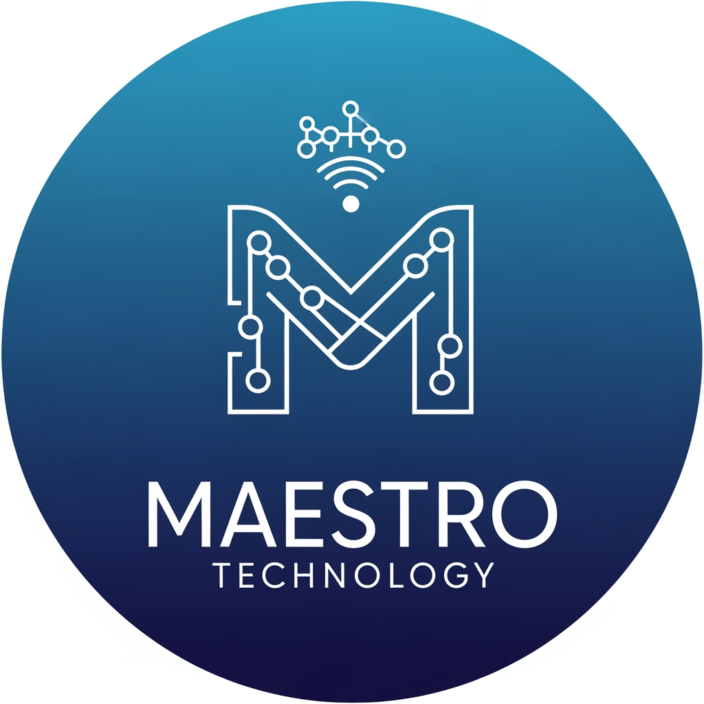AI Design for create a logo for maestro technology which is based on technology and iot and design them inside a circle