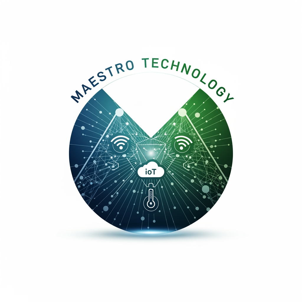 AI Design for create a logo for maestro technology which is based on technology and iot and design them inside a circle