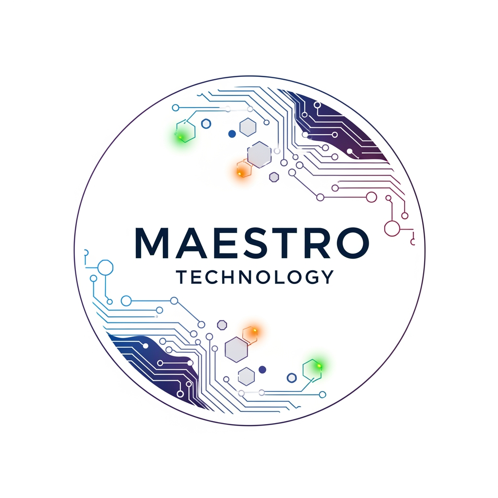 AI Design for create a logo for maestro technology which is based on technology and iot and design them inside a circle