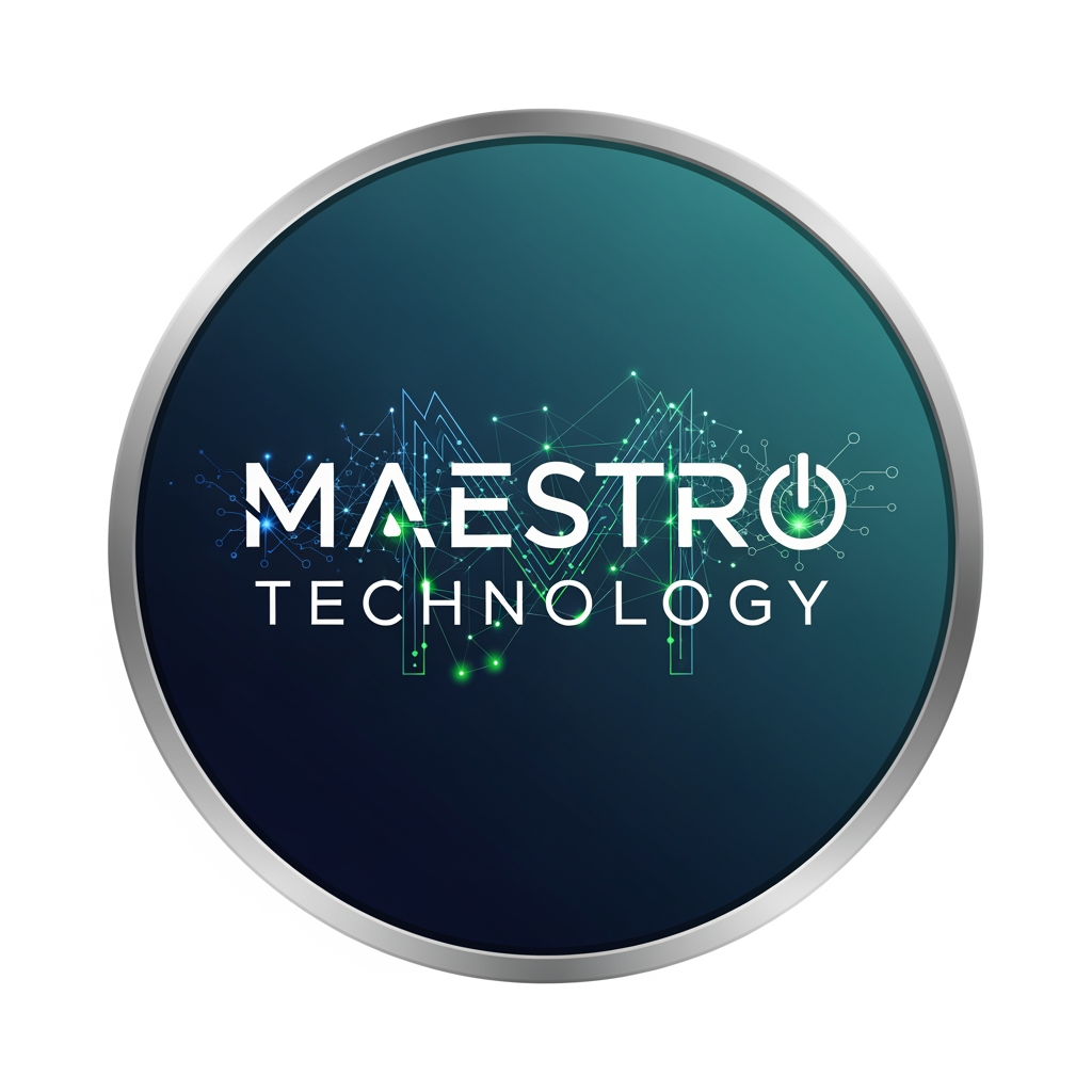 AI Design for create a logo for maestro technology which is based on technology and iot and design them inside a circle