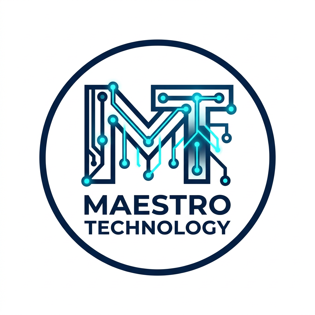 AI Design for A sleek, professional logo for Maestro Technology, featuring minimalist abstract representations of IoT connectivity and digital nodes. The design is cleanly enclosed within a perfect circle, using a sophisticated color palette of deep navy and electric cyan. The aesthetic is modern, high-tech, and balanced, set against a clean white background to emphasize the precision of the vector lines.