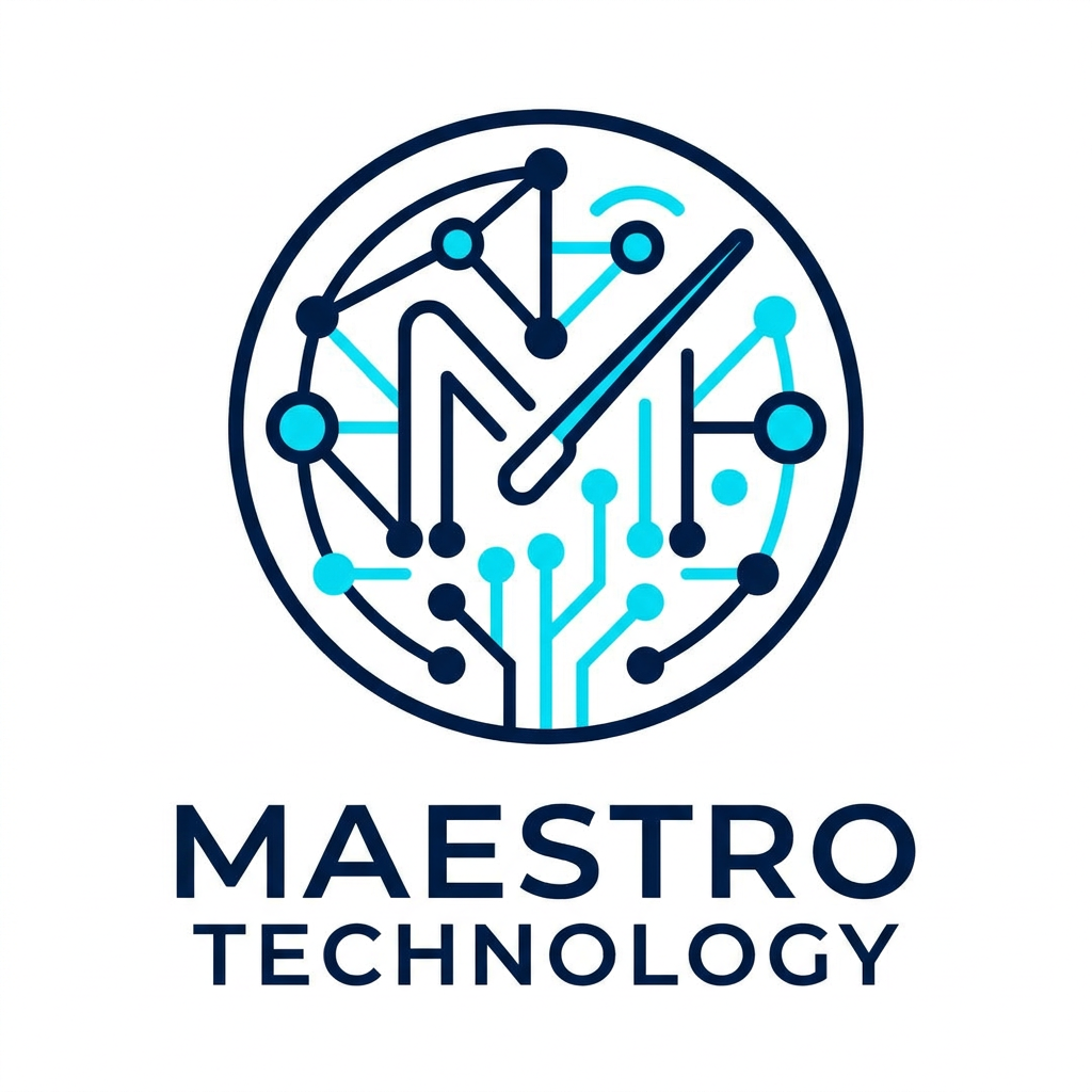 AI Design for A sleek, professional logo for Maestro Technology, featuring minimalist abstract representations of IoT connectivity and digital nodes. The design is cleanly enclosed within a perfect circle, using a sophisticated color palette of deep navy and electric cyan. The aesthetic is modern, high-tech, and balanced, set against a clean white background to emphasize the precision of the vector lines.