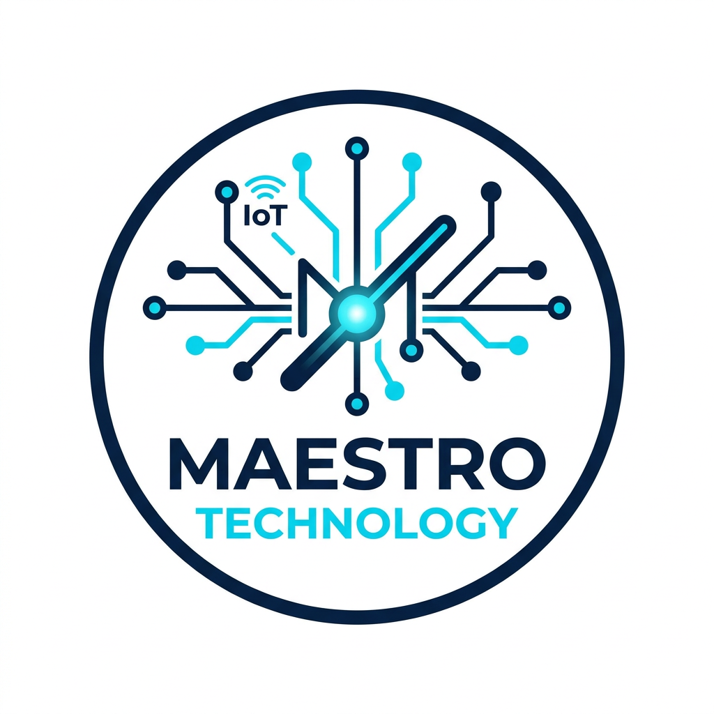 AI Design for A sleek, professional logo for Maestro Technology, featuring minimalist abstract representations of IoT connectivity and digital nodes. The design is cleanly enclosed within a perfect circle, using a sophisticated color palette of deep navy and electric cyan. The aesthetic is modern, high-tech, and balanced, set against a clean white background to emphasize the precision of the vector lines.