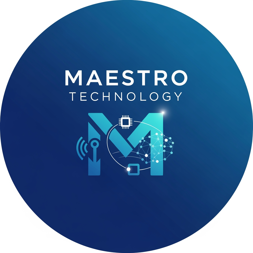 AI Design for create a logo for maestro technology which is based on technology and iot and design them inside a circle