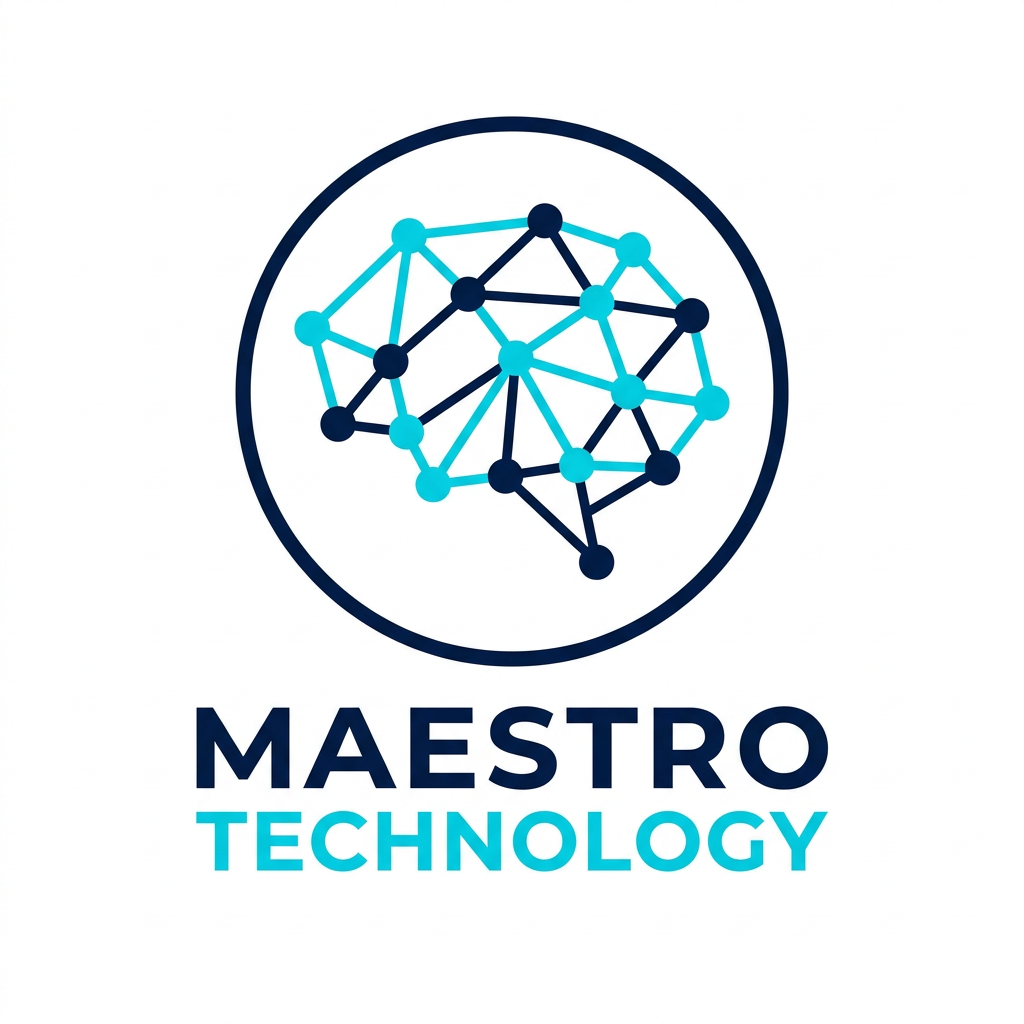 AI Design for A sleek, professional logo for Maestro Technology, featuring minimalist abstract representations of IoT connectivity and digital nodes. The design is cleanly enclosed within a perfect circle, using a sophisticated color palette of deep navy and electric cyan. The aesthetic is modern, high-tech, and balanced, set against a clean white background to emphasize the precision of the vector lines.