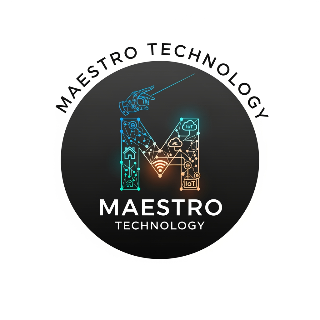 AI Design for create a logo for maestro technology which is based on technology and iot and design them inside a circle