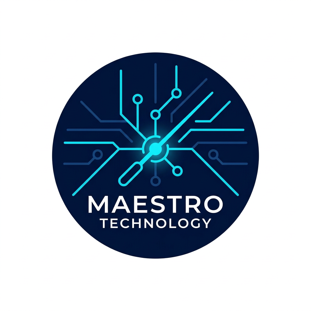 AI Design for A sleek, professional logo for Maestro Technology, featuring minimalist abstract representations of IoT connectivity and digital nodes. The design is cleanly enclosed within a perfect circle, using a sophisticated color palette of deep navy and electric cyan. The aesthetic is modern, high-tech, and balanced, set against a clean white background to emphasize the precision of the vector lines.