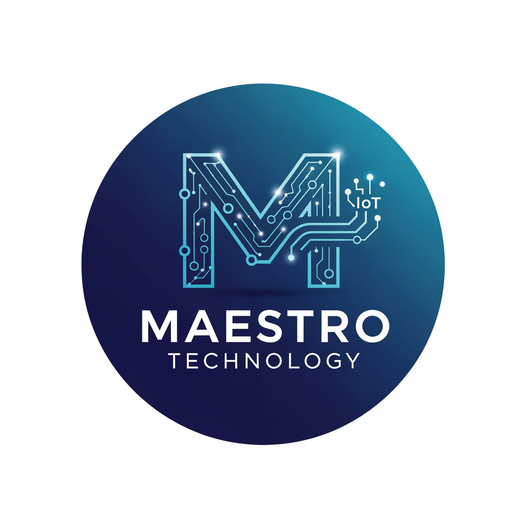 AI Design for create a logo for maestro technology which is based on technology and iot and design them inside a circle