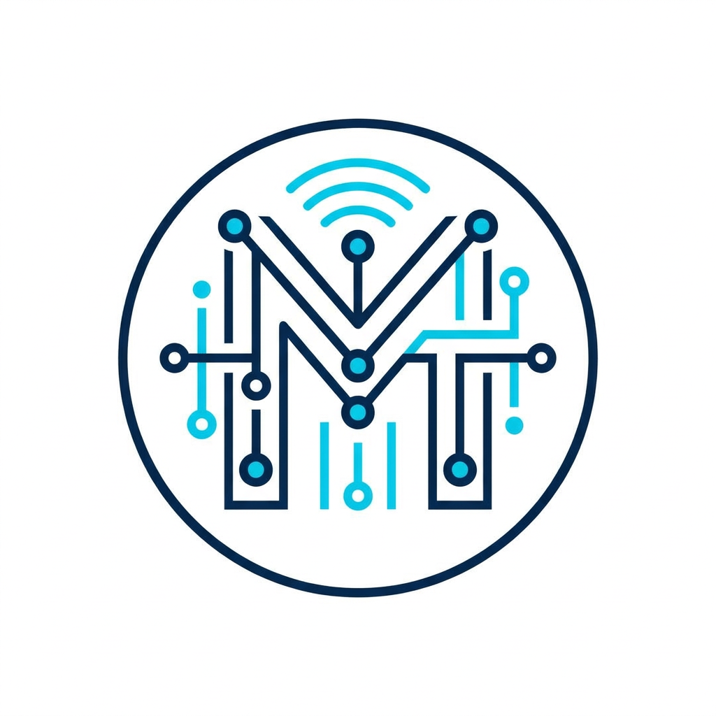 AI Design for A sleek, professional logo for Maestro Technology, featuring minimalist abstract representations of IoT connectivity and digital nodes. The design is cleanly enclosed within a perfect circle, using a sophisticated color palette of deep navy and electric cyan. The aesthetic is modern, high-tech, and balanced, set against a clean white background to emphasize the precision of the vector lines.
