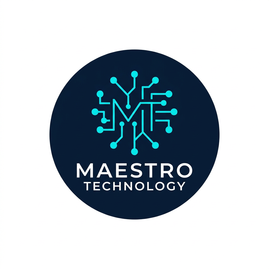 AI Design for A sleek, professional logo for Maestro Technology, featuring minimalist abstract representations of IoT connectivity and digital nodes. The design is cleanly enclosed within a perfect circle, using a sophisticated color palette of deep navy and electric cyan. The aesthetic is modern, high-tech, and balanced, set against a clean white background to emphasize the precision of the vector lines.