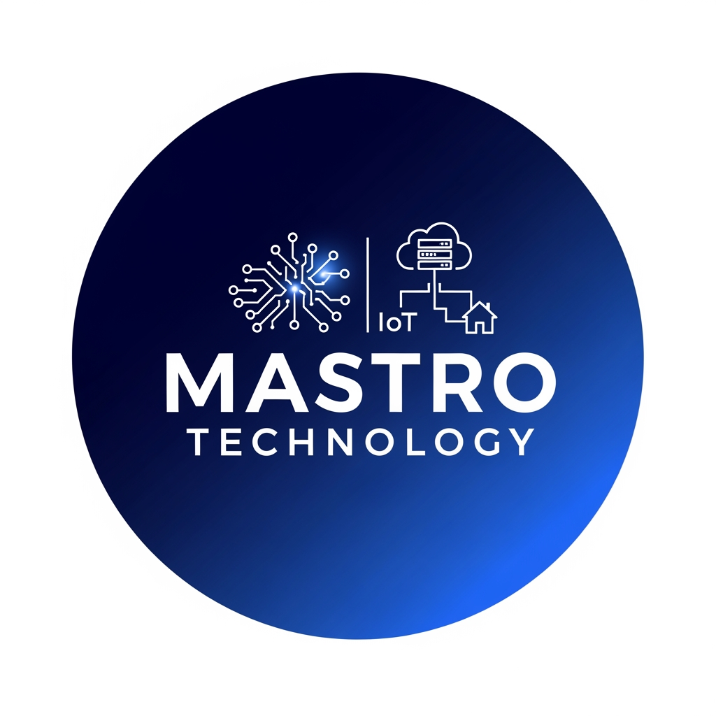 AI Design for create a logo for mastro technology which is based on technology and iot and design them inside a circle