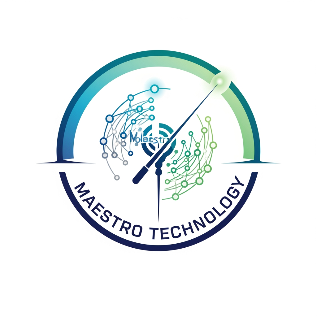 AI Design for create a logo for maestro technology which is based on technology and iot and design them inside a circle
