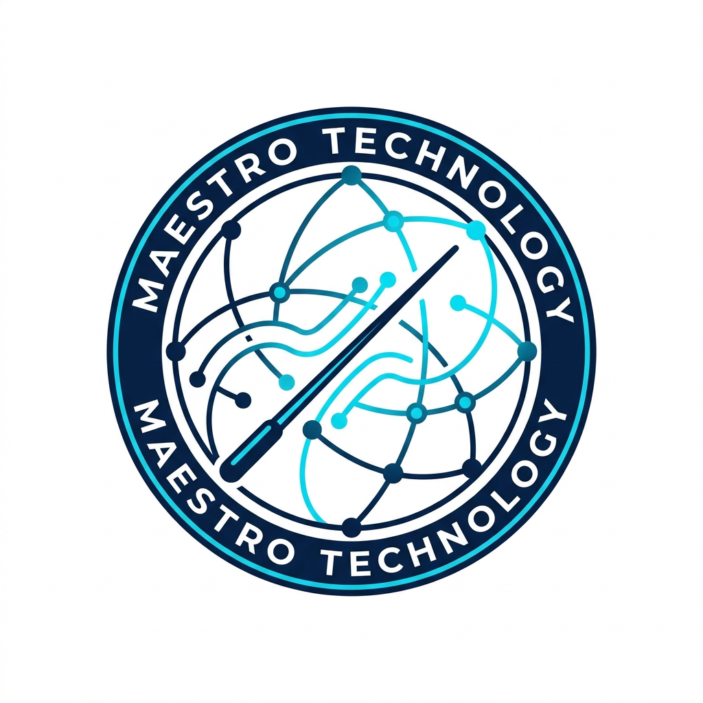 AI Design for A sleek, professional logo for Maestro Technology, featuring minimalist abstract representations of IoT connectivity and digital nodes. The design is cleanly enclosed within a perfect circle, using a sophisticated color palette of deep navy and electric cyan. The aesthetic is modern, high-tech, and balanced, set against a clean white background to emphasize the precision of the vector lines.