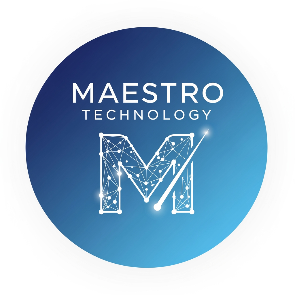 AI Design for create a logo for maestro technology which is based on technology and iot and design them inside a circle