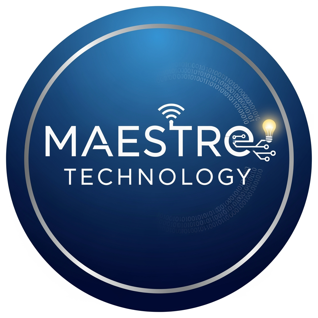 AI Design for create a logo for maestro technology which is based on technology and iot and design them inside a circle