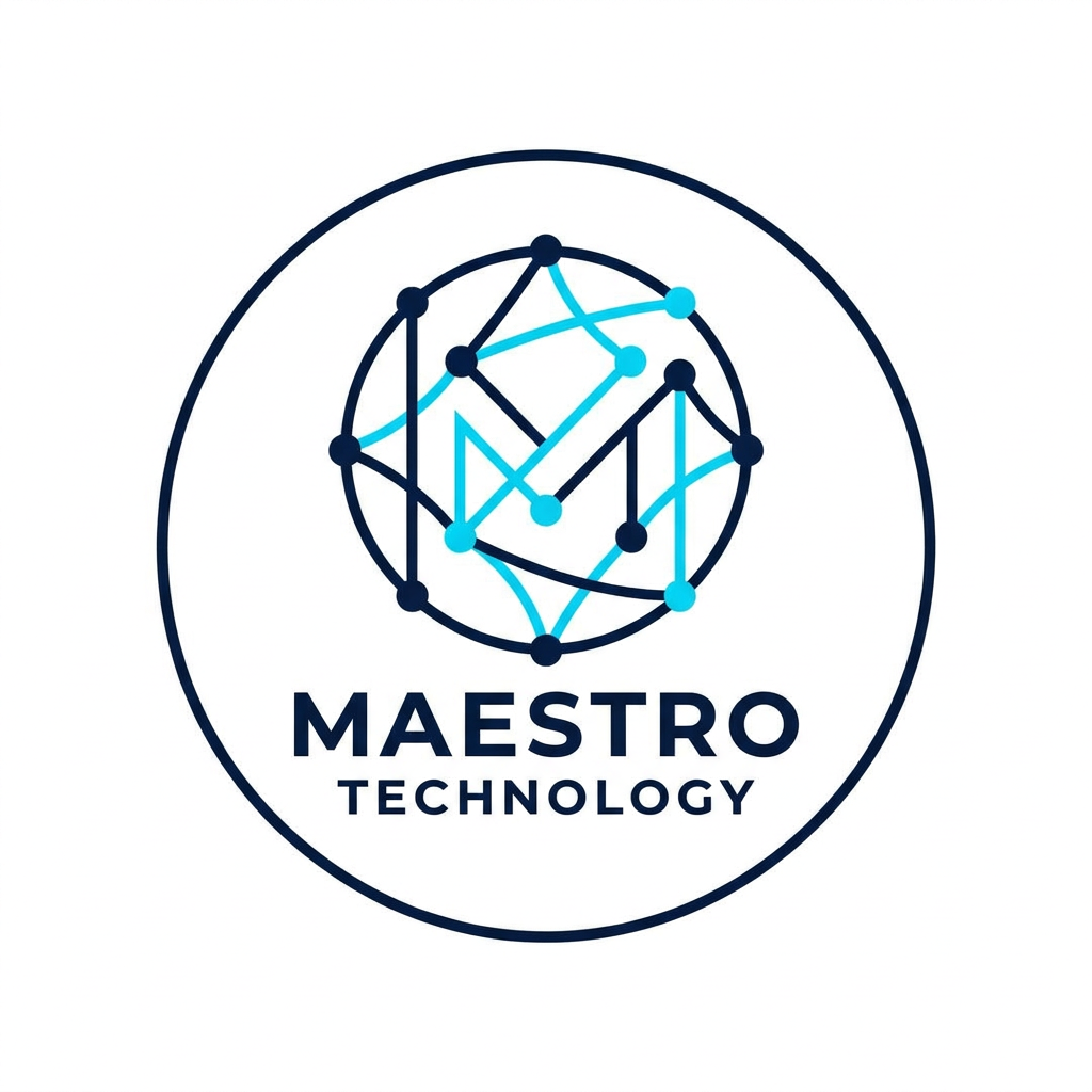 AI Design for A sleek, professional logo for Maestro Technology, featuring minimalist abstract representations of IoT connectivity and digital nodes. The design is cleanly enclosed within a perfect circle, using a sophisticated color palette of deep navy and electric cyan. The aesthetic is modern, high-tech, and balanced, set against a clean white background to emphasize the precision of the vector lines.