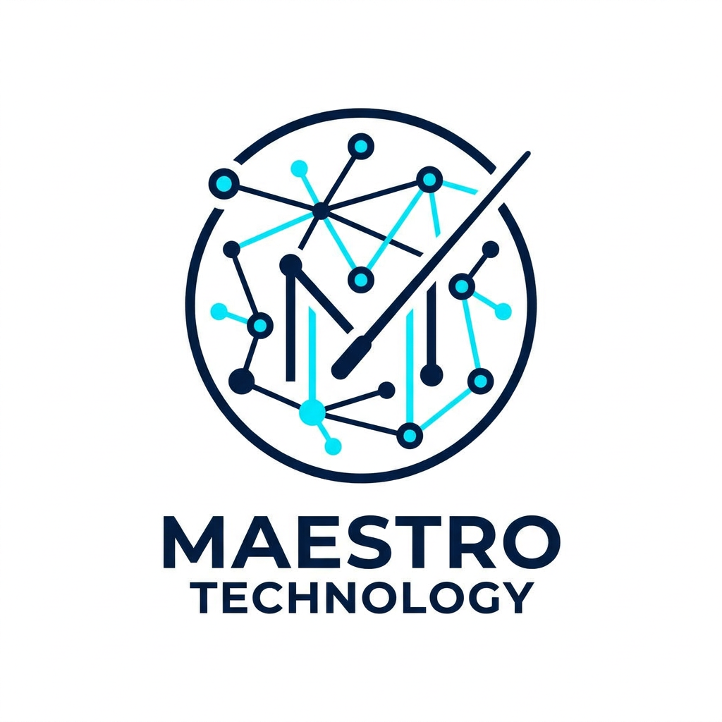 AI Design for A sleek, professional logo for Maestro Technology, featuring minimalist abstract representations of IoT connectivity and digital nodes. The design is cleanly enclosed within a perfect circle, using a sophisticated color palette of deep navy and electric cyan. The aesthetic is modern, high-tech, and balanced, set against a clean white background to emphasize the precision of the vector lines.