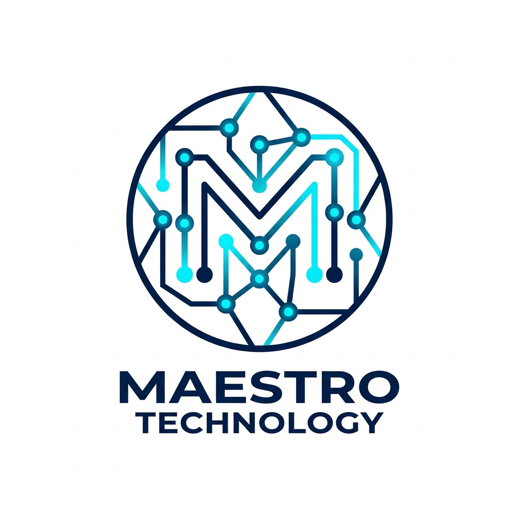 AI Design for A sleek, professional logo for Maestro Technology, featuring minimalist abstract representations of IoT connectivity and digital nodes. The design is cleanly enclosed within a perfect circle, using a sophisticated color palette of deep navy and electric cyan. The aesthetic is modern, high-tech, and balanced, set against a clean white background to emphasize the precision of the vector lines.