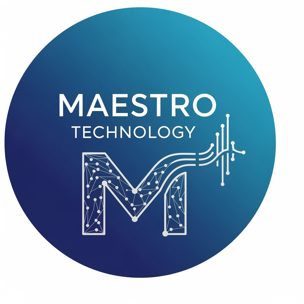 AI Design for create a logo for maestro technology which is based on technology and iot and design them inside a circle