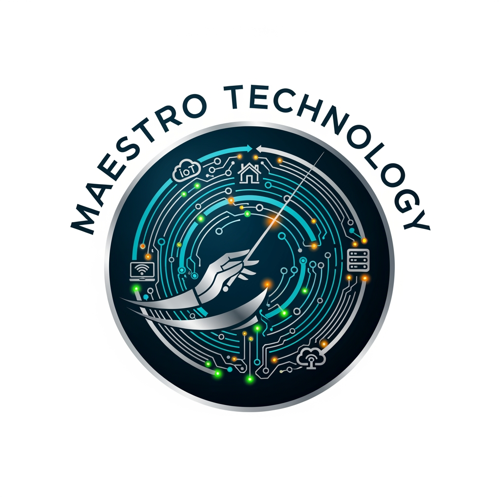 AI Design for create a logo for maestro technology which is based on technology and iot and design them inside a circle