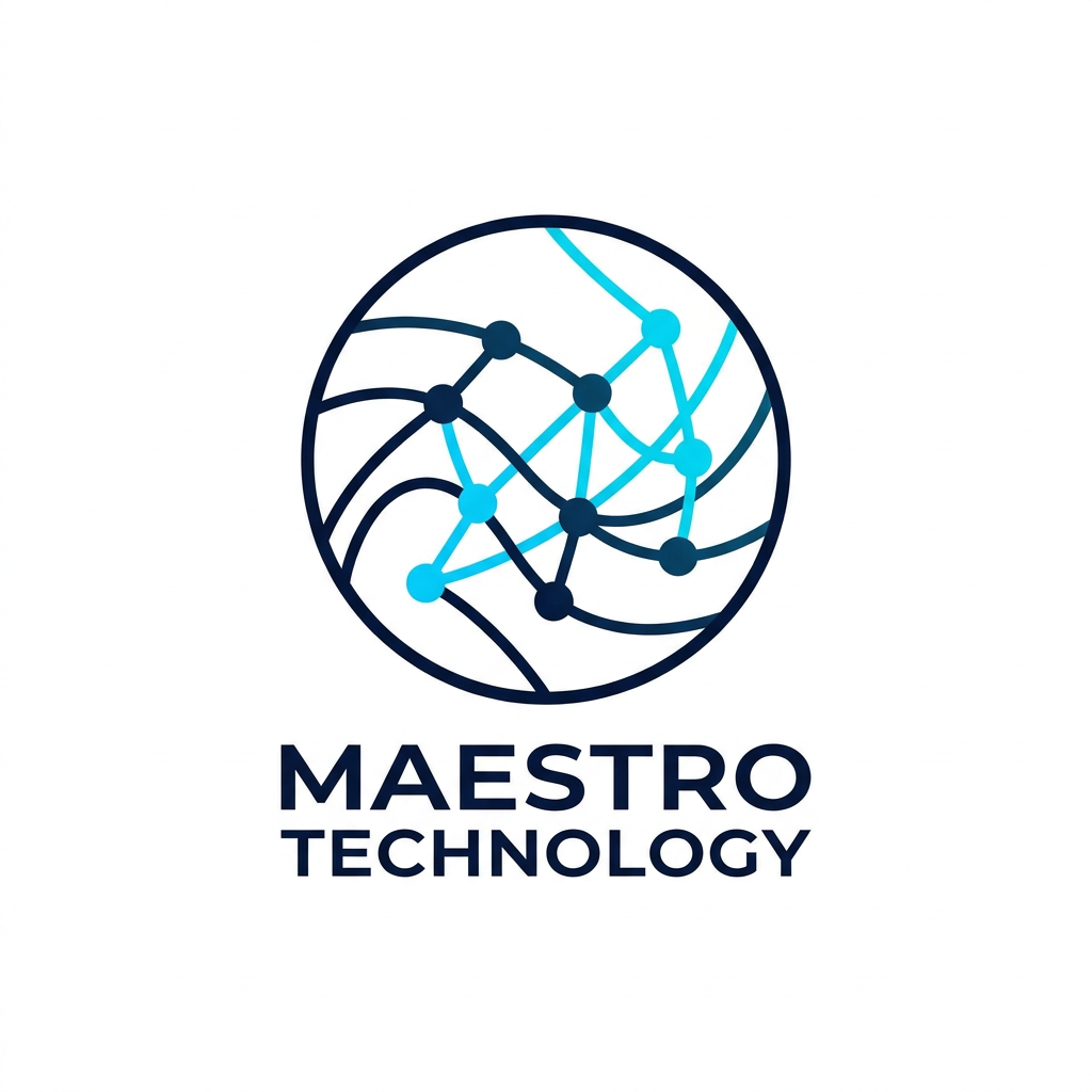 AI Design for A sleek, professional logo for Maestro Technology, featuring minimalist abstract representations of IoT connectivity and digital nodes. The design is cleanly enclosed within a perfect circle, using a sophisticated color palette of deep navy and electric cyan. The aesthetic is modern, high-tech, and balanced, set against a clean white background to emphasize the precision of the vector lines.
