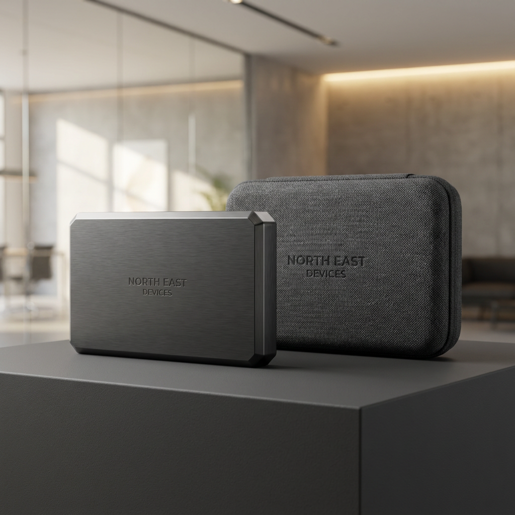 AI Design for A high-end, minimalist commercial product photography shot of {{asset:NORTH EAST DEVICES & PACKAGING}}, featuring clean industrial design and premium textures. The subject is placed on a matte charcoal surface with soft, directional studio lighting that highlights the product's edges and branding, set against a blurred, professional architectural office background.