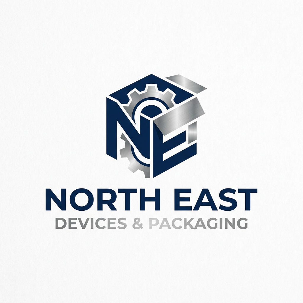 AI Design for A professional and modern logo design for NORTH EAST DEVICES & PACKAGING, featuring clean minimalist typography and an abstract geometric icon representing precision engineering and protective packaging. Use a sophisticated color palette of deep navy blue and metallic silver, set against a pristine white background to emphasize clarity, trust, and industrial innovation.