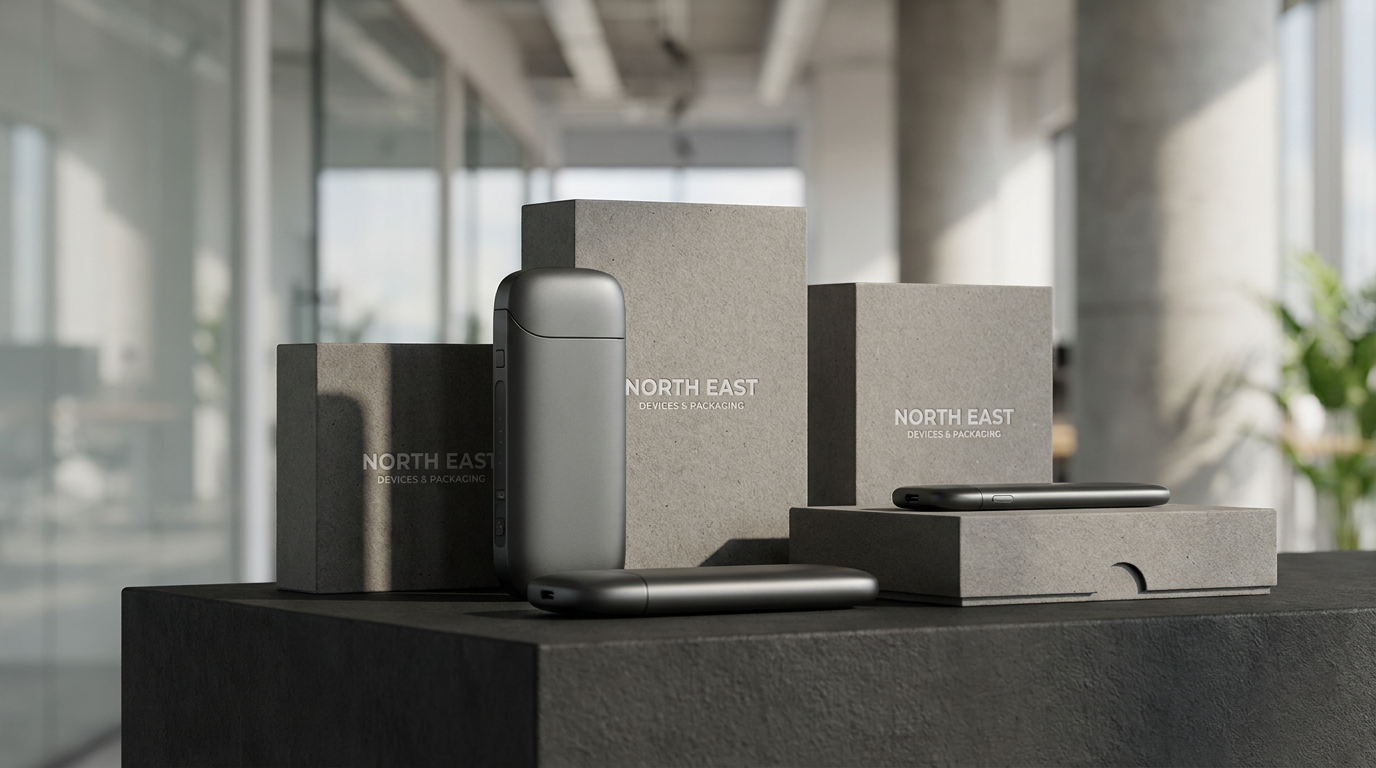 AI Design for A high-end, minimalist commercial product photography shot of {{asset:NORTH EAST DEVICES & PACKAGING}}, featuring clean industrial design and premium textures. The subject is placed on a matte charcoal surface with soft, directional studio lighting that highlights the product's edges and branding, set against a blurred, professional architectural office background.