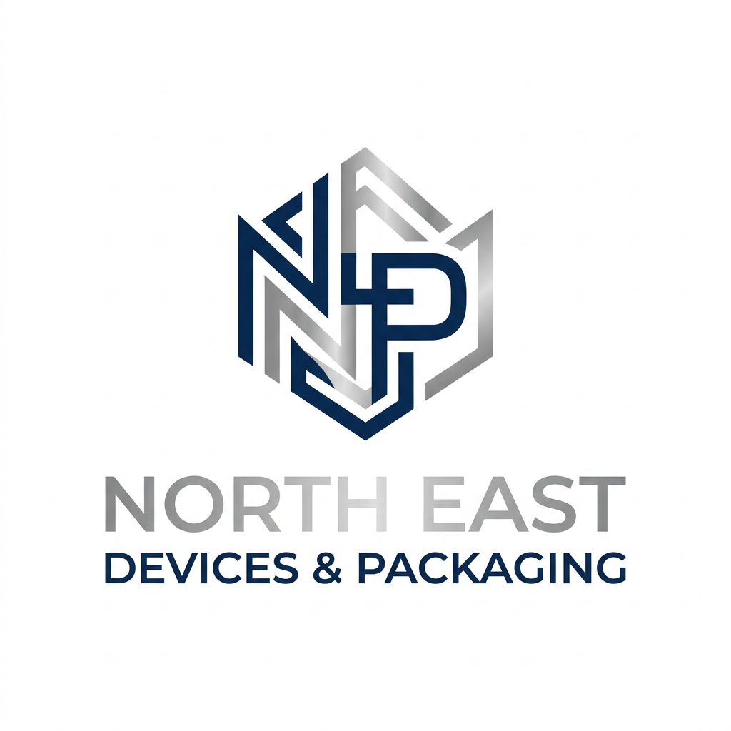AI Design for A professional and modern logo design for NORTH EAST DEVICES & PACKAGING, featuring clean minimalist typography and an abstract geometric icon representing precision engineering and protective packaging. Use a sophisticated color palette of deep navy blue and metallic silver, set against a pristine white background to emphasize clarity, trust, and industrial innovation.