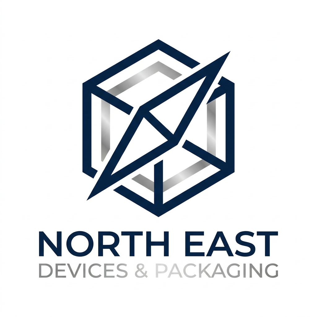 AI Design for A professional and modern logo design for NORTH EAST DEVICES & PACKAGING, featuring clean minimalist typography and an abstract geometric icon representing precision engineering and protective packaging. Use a sophisticated color palette of deep navy blue and metallic silver, set against a pristine white background to emphasize clarity, trust, and industrial innovation.