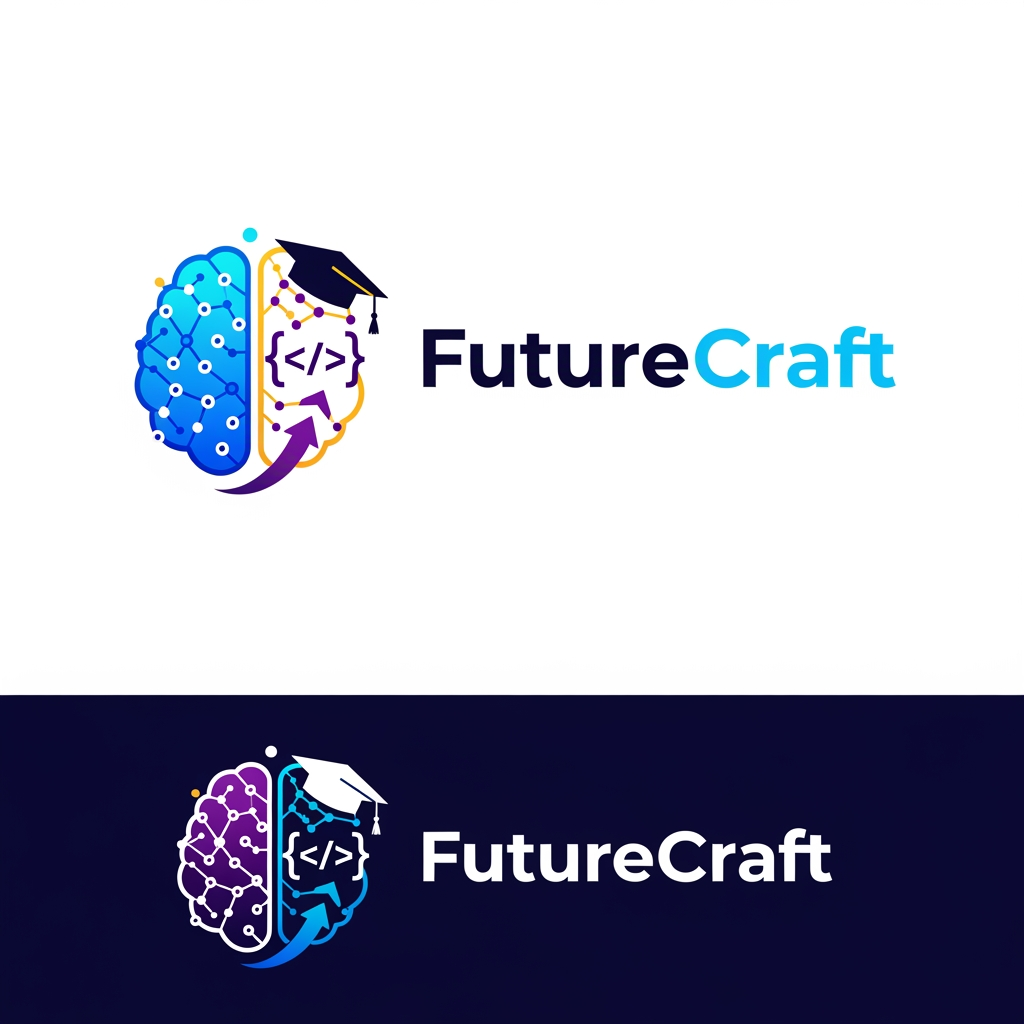 AI Design for Design a premium, futuristic logo for an international e-learning platform called "FutureCraft". The platform teaches AI, coding, technology, innovation, digital skills, and future-ready education to students worldwide. Create a modern and memorable brand identity that symbolizes learning, growth, creativity, intelligence, and global connectivity.
Logo concept: Combine elements of a digital brain, AI neural network, graduation cap, coding brackets </>, and an upward growth symbol. The design should feel innovative, trustworthy, and inspiring for learners of all ages across different countries.
Style: Minimalist, clean, professional, futuristic, tech-driven, scalable vector logo.
Colors: Electric blue, deep purple, cyan gradients, with optional gold accents for premium appeal.
Typography: Custom modern sans-serif font, bold yet friendly, with "FutureCraft" prominently displayed.
Visual feel: Similar to leading global brands in education and technology, suitable for website, mobile app, social media, certificates, and merchandise.
Background: White and dark versions.
Output: High-end vector logo, flat design, iconic symbol + wordmark, award-winning branding quality, global ed-tech startup identity, 4K, sharp details, professional brand guidelines style presentation.