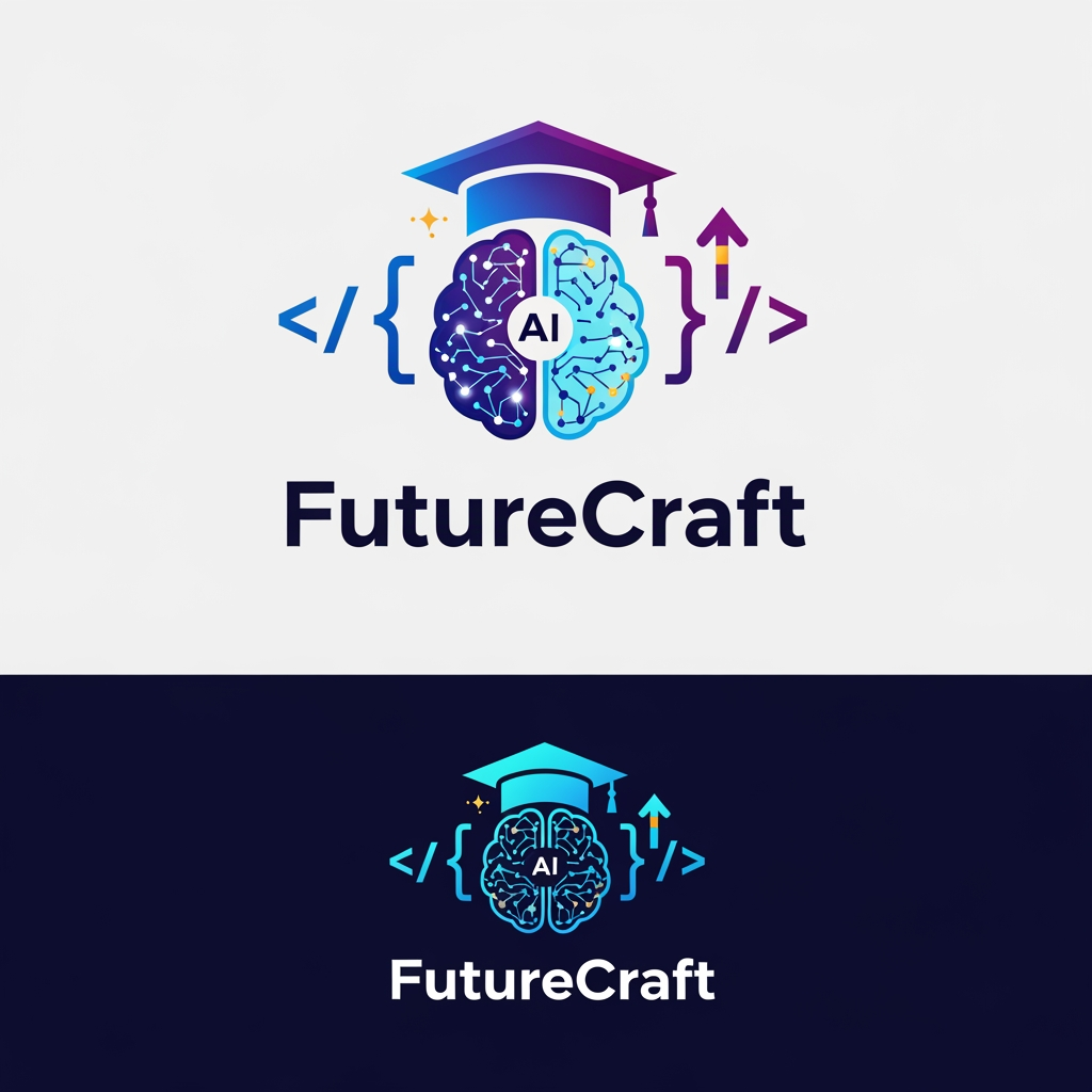 AI Design for Design a premium, futuristic logo for an international e-learning platform called "FutureCraft". The platform teaches AI, coding, technology, innovation, digital skills, and future-ready education to students worldwide. Create a modern and memorable brand identity that symbolizes learning, growth, creativity, intelligence, and global connectivity.
Logo concept: Combine elements of a digital brain, AI neural network, graduation cap, coding brackets </>, and an upward growth symbol. The design should feel innovative, trustworthy, and inspiring for learners of all ages across different countries.
Style: Minimalist, clean, professional, futuristic, tech-driven, scalable vector logo.
Colors: Electric blue, deep purple, cyan gradients, with optional gold accents for premium appeal.
Typography: Custom modern sans-serif font, bold yet friendly, with "FutureCraft" prominently displayed.
Visual feel: Similar to leading global brands in education and technology, suitable for website, mobile app, social media, certificates, and merchandise.
Background: White and dark versions.
Output: High-end vector logo, flat design, iconic symbol + wordmark, award-winning branding quality, global ed-tech startup identity, 4K, sharp details, professional brand guidelines style presentation.