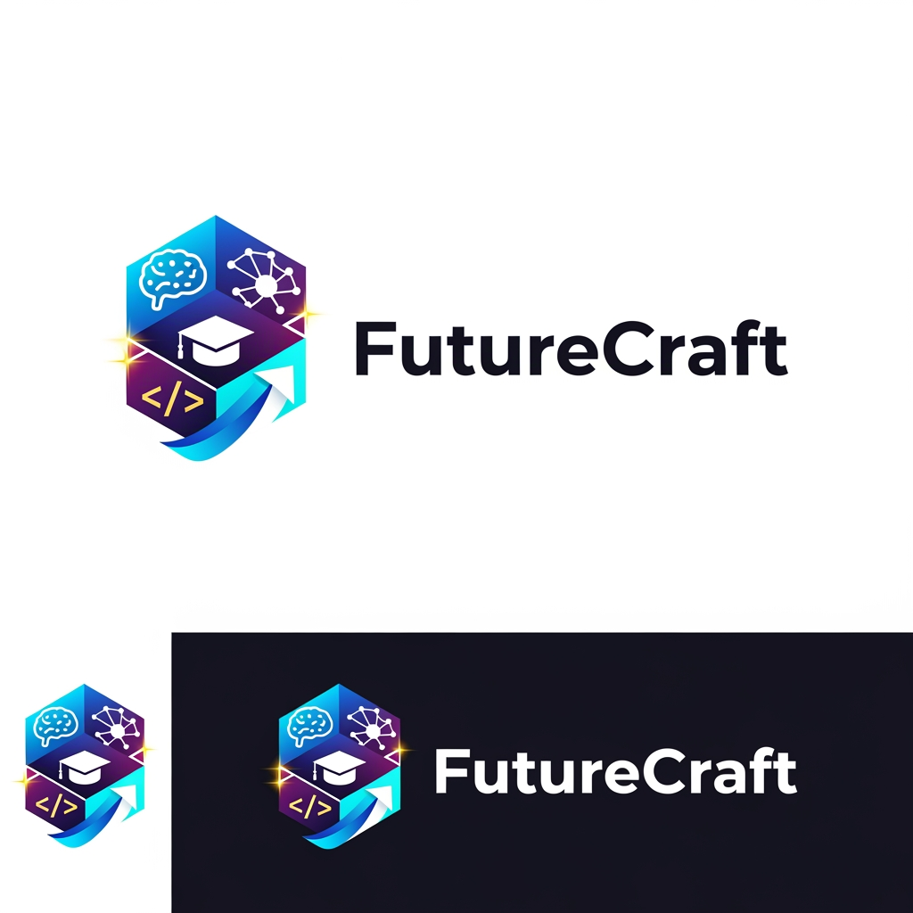 AI Design for Design a premium, futuristic logo for an international e-learning platform called "FutureCraft". The platform teaches AI, coding, technology, innovation, digital skills, and future-ready education to students worldwide. Create a modern and memorable brand identity that symbolizes learning, growth, creativity, intelligence, and global connectivity.
Logo concept: Combine elements of a digital brain, AI neural network, graduation cap, coding brackets </>, and an upward growth symbol. The design should feel innovative, trustworthy, and inspiring for learners of all ages across different countries.
Style: Minimalist, clean, professional, futuristic, tech-driven, scalable vector logo.
Colors: Electric blue, deep purple, cyan gradients, with optional gold accents for premium appeal.
Typography: Custom modern sans-serif font, bold yet friendly, with "FutureCraft" prominently displayed.
Visual feel: Similar to leading global brands in education and technology, suitable for website, mobile app, social media, certificates, and merchandise.
Background: White and dark versions.
Output: High-end vector logo, flat design, iconic symbol + wordmark, award-winning branding quality, global ed-tech startup identity, 4K, sharp details, professional brand guidelines style presentation.