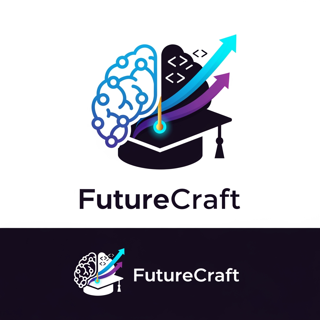AI Design for Design a premium, futuristic logo for an international e-learning platform called "FutureCraft". The platform teaches AI, coding, technology, innovation, digital skills, and future-ready education to students worldwide. Create a modern and memorable brand identity that symbolizes learning, growth, creativity, intelligence, and global connectivity.
Logo concept: Combine elements of a digital brain, AI neural network, graduation cap, coding brackets </>, and an upward growth symbol. The design should feel innovative, trustworthy, and inspiring for learners of all ages across different countries.
Style: Minimalist, clean, professional, futuristic, tech-driven, scalable vector logo.
Colors: Electric blue, deep purple, cyan gradients, with optional gold accents for premium appeal.
Typography: Custom modern sans-serif font, bold yet friendly, with "FutureCraft" prominently displayed.
Visual feel: Similar to leading global brands in education and technology, suitable for website, mobile app, social media, certificates, and merchandise.
Background: White and dark versions.
Output: High-end vector logo, flat design, iconic symbol + wordmark, award-winning branding quality, global ed-tech startup identity, 4K, sharp details, professional brand guidelines style presentation.
