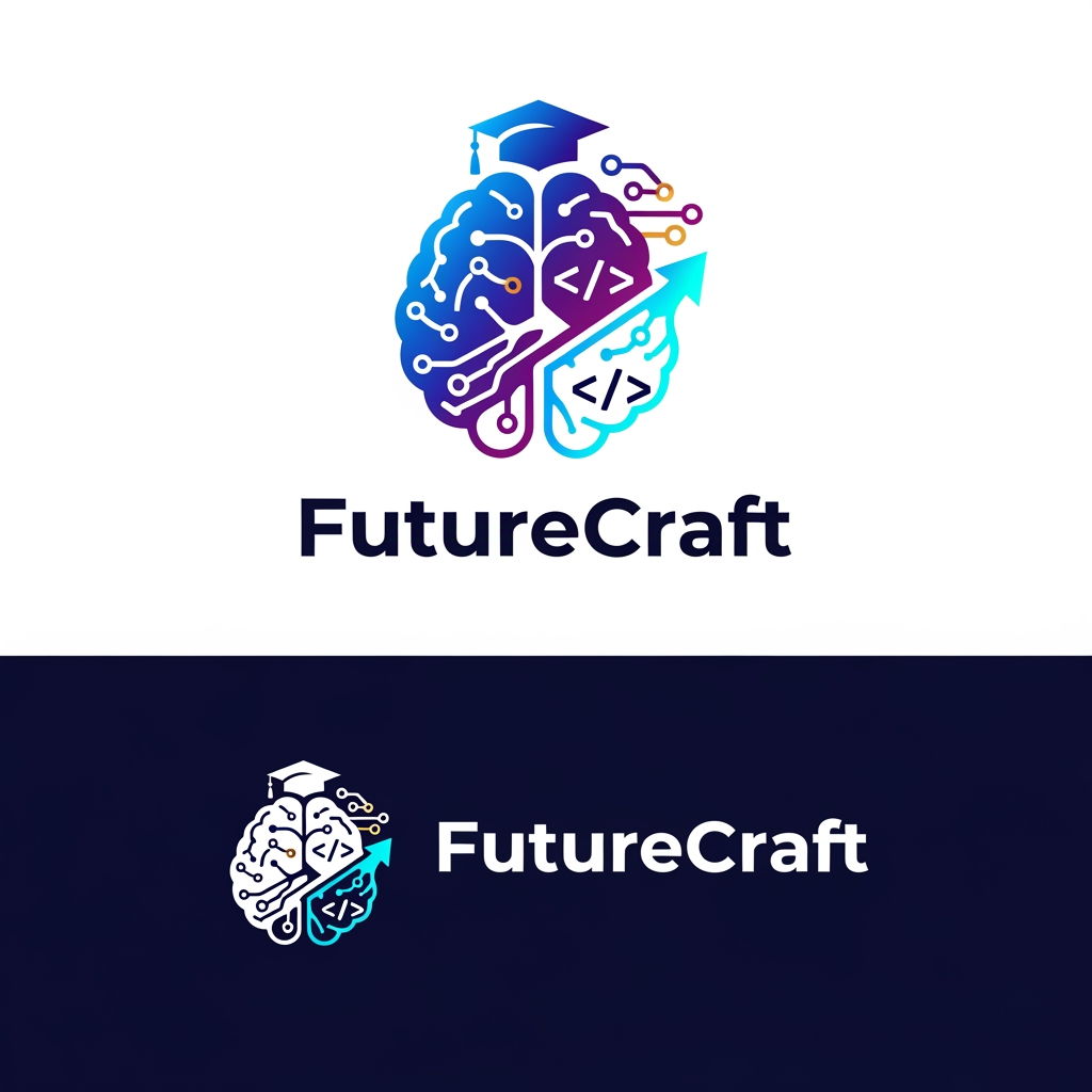 AI Design for Design a premium, futuristic logo for an international e-learning platform called "FutureCraft". The platform teaches AI, coding, technology, innovation, digital skills, and future-ready education to students worldwide. Create a modern and memorable brand identity that symbolizes learning, growth, creativity, intelligence, and global connectivity.
Logo concept: Combine elements of a digital brain, AI neural network, graduation cap, coding brackets </>, and an upward growth symbol. The design should feel innovative, trustworthy, and inspiring for learners of all ages across different countries.
Style: Minimalist, clean, professional, futuristic, tech-driven, scalable vector logo.
Colors: Electric blue, deep purple, cyan gradients, with optional gold accents for premium appeal.
Typography: Custom modern sans-serif font, bold yet friendly, with "FutureCraft" prominently displayed.
Visual feel: Similar to leading global brands in education and technology, suitable for website, mobile app, social media, certificates, and merchandise.
Background: White and dark versions.
Output: High-end vector logo, flat design, iconic symbol + wordmark, award-winning branding quality, global ed-tech startup identity, 4K, sharp details, professional brand guidelines style presentation.
